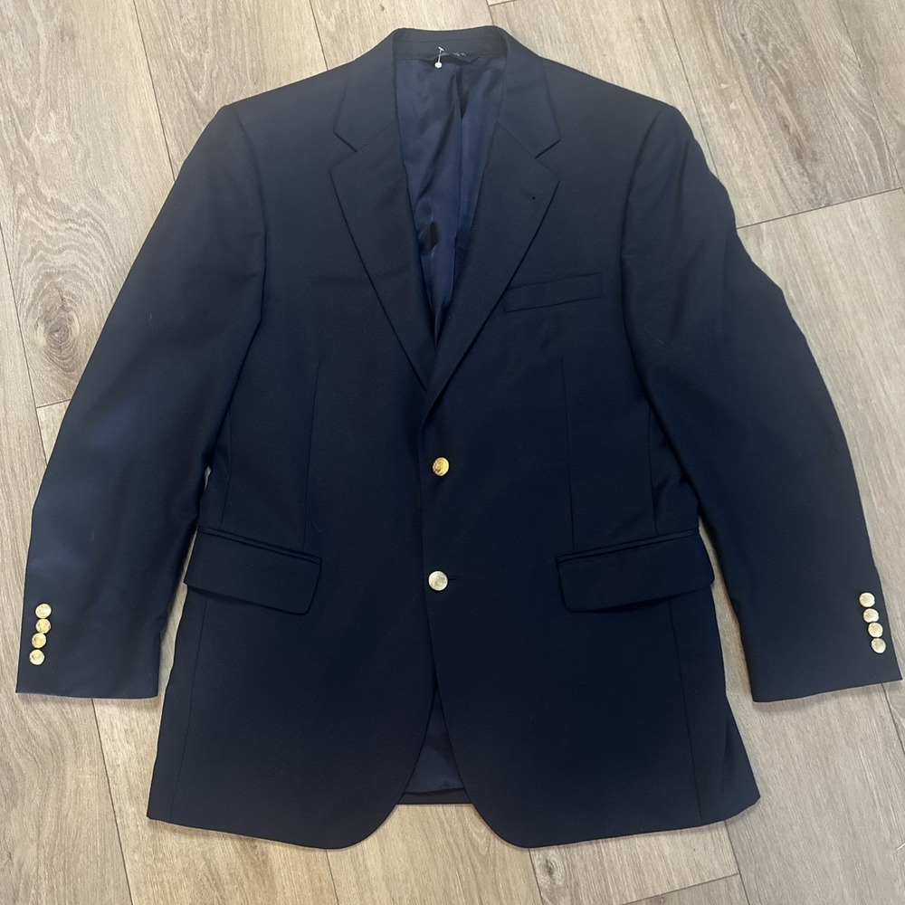 Jos A Bank Signature Collection 41R Black 100% Wool Gold Button Blazer Jacket